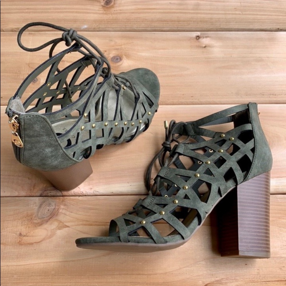G by Guess Army Green Caged Lace Up Block Heels
